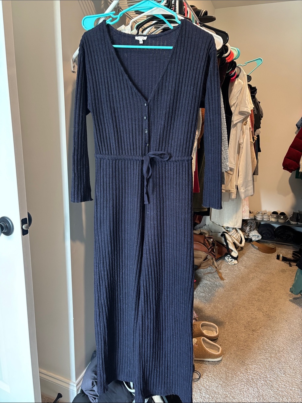 En Creme Navy Ribbed Knit Jumpsuit with Tie Waist